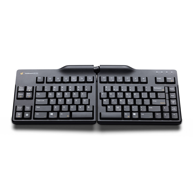Goldtouch Elite Adjustable Ergonomic Keyboard in a flat position on a white background.