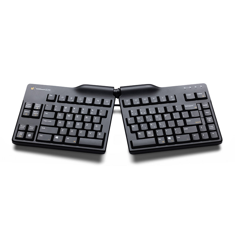 Goldtouch Elite Adjustable Ergonomic Keyboard in a splayed position on a white background.