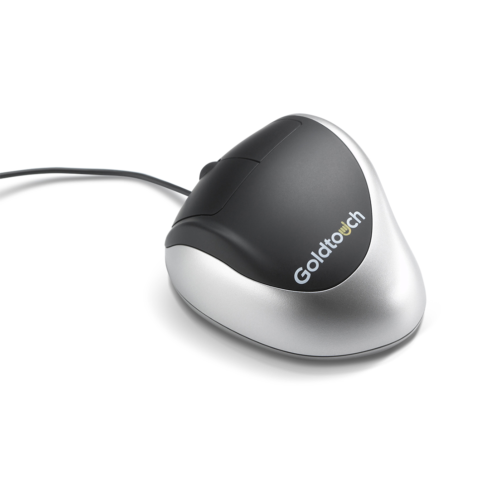 A Goldtouch USB Comfort Mouse designed for left-handed users, with a wired connection.