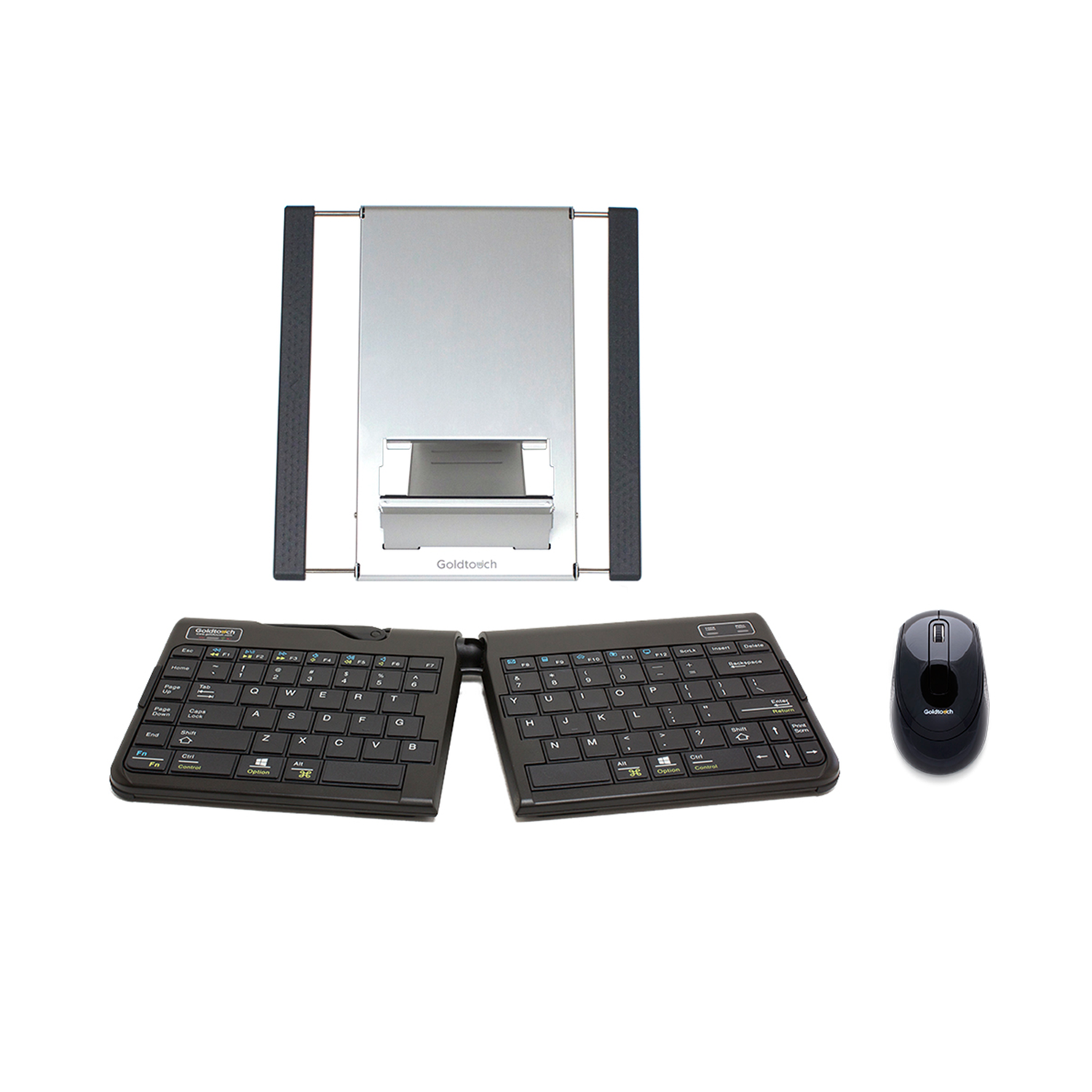 Keyboard, ambidextrous mouse, and laptop stand on a white background.
