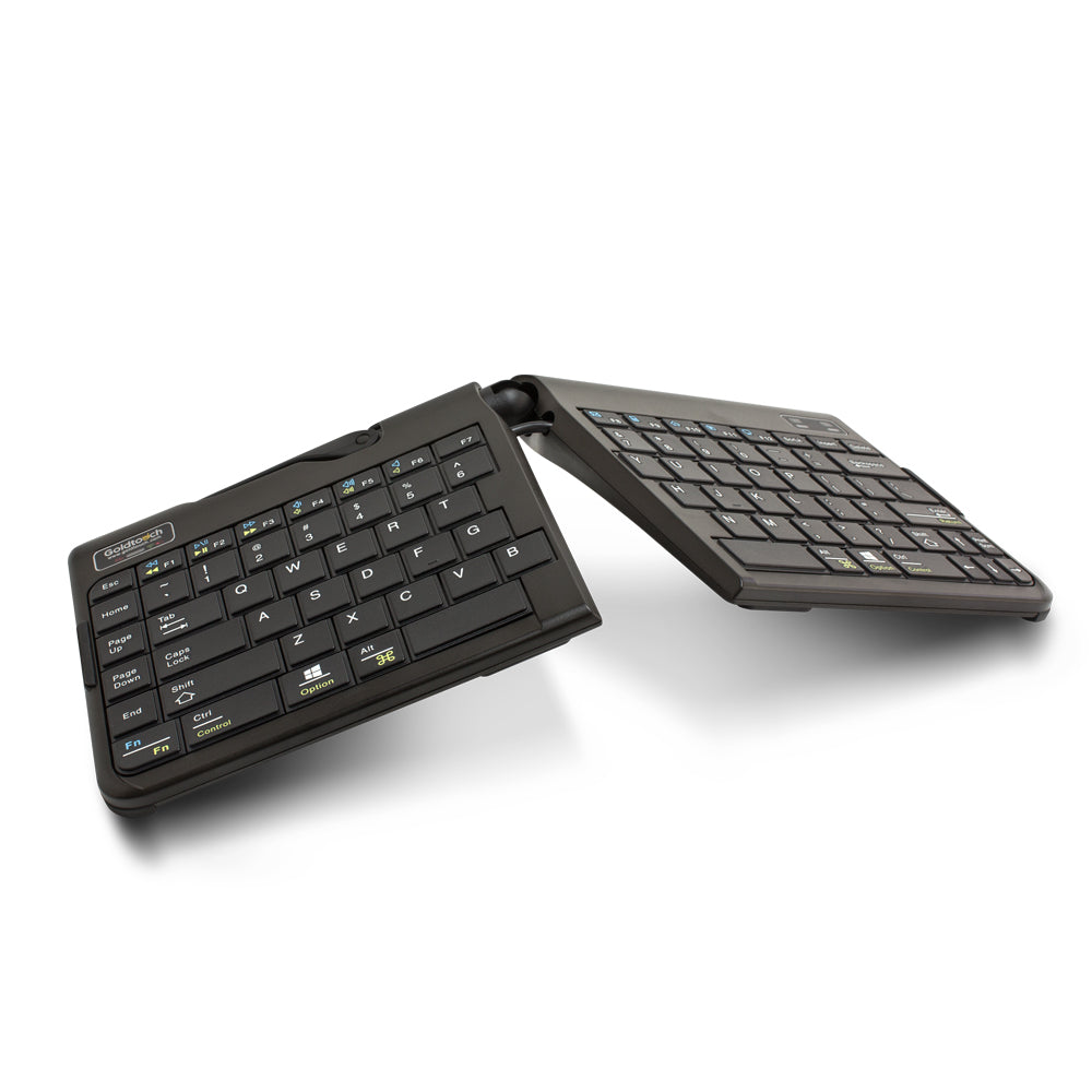 An image of a Goldtouch Go!2 Mobile Keyboard Wireless in a tented and splayed position.