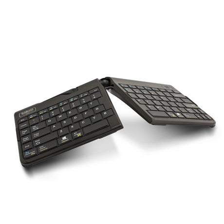 An image of a Goldtouch Go!2 Mobile Keyboard Wireless in a tented and splayed position.