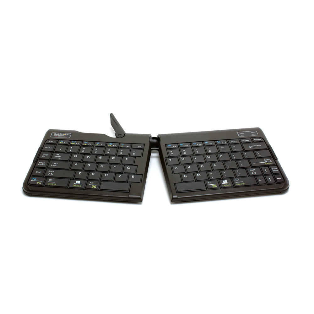 An image of a Goldtouch Go!2 Mobile Keyboard Wireless in a splayed position with the locking lever mechanism unlatched.