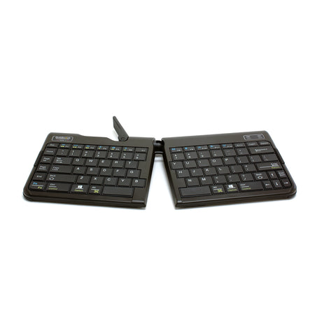 An image of a Goldtouch Go!2 Mobile Keyboard Wireless in a splayed position with the locking lever mechanism unlatched.