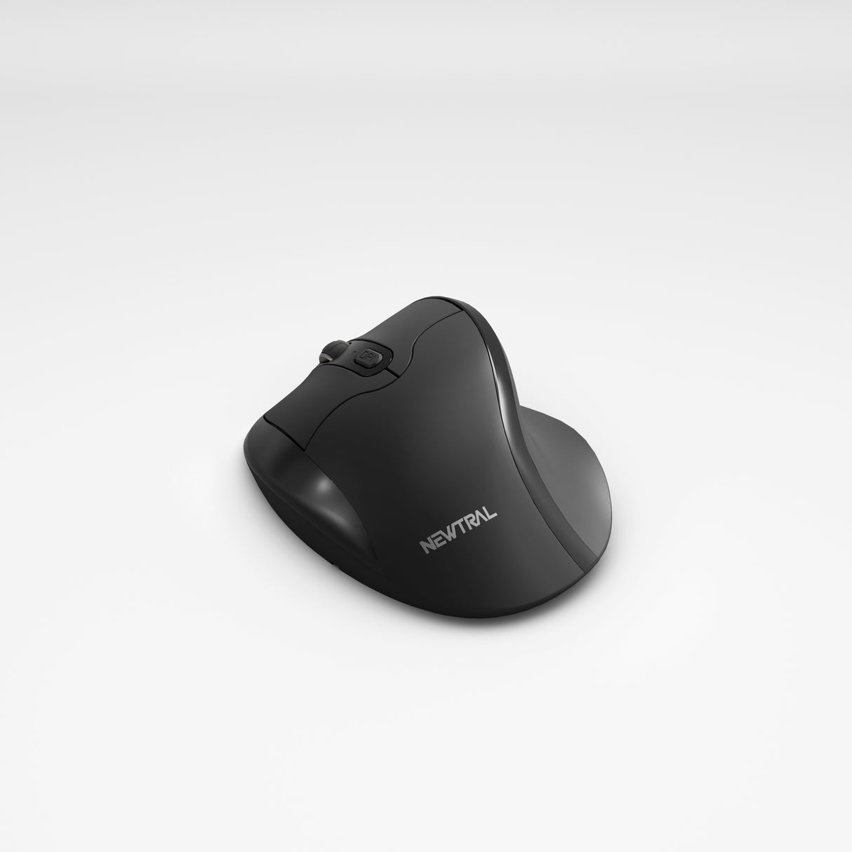 A black wireless ergonomic mouse designed for left-handed users, with visible programmable buttons and a contoured shape.