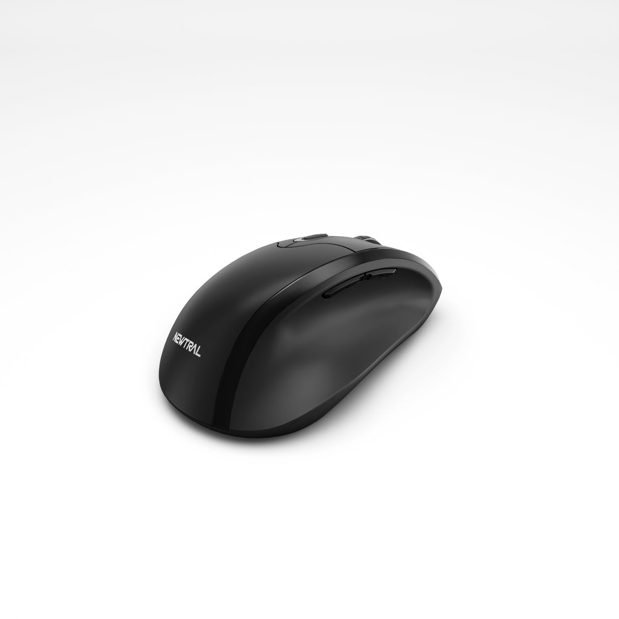 Image of a Newtral 3 Wireless Left-Handed Mouse from a top left angle showing the ergonomic curves and thumb area.
