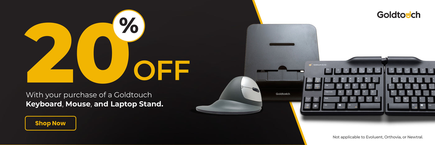 Promotional banner for Goldtoch keyboard, mouse, and laptop stand with a 20% off offer.