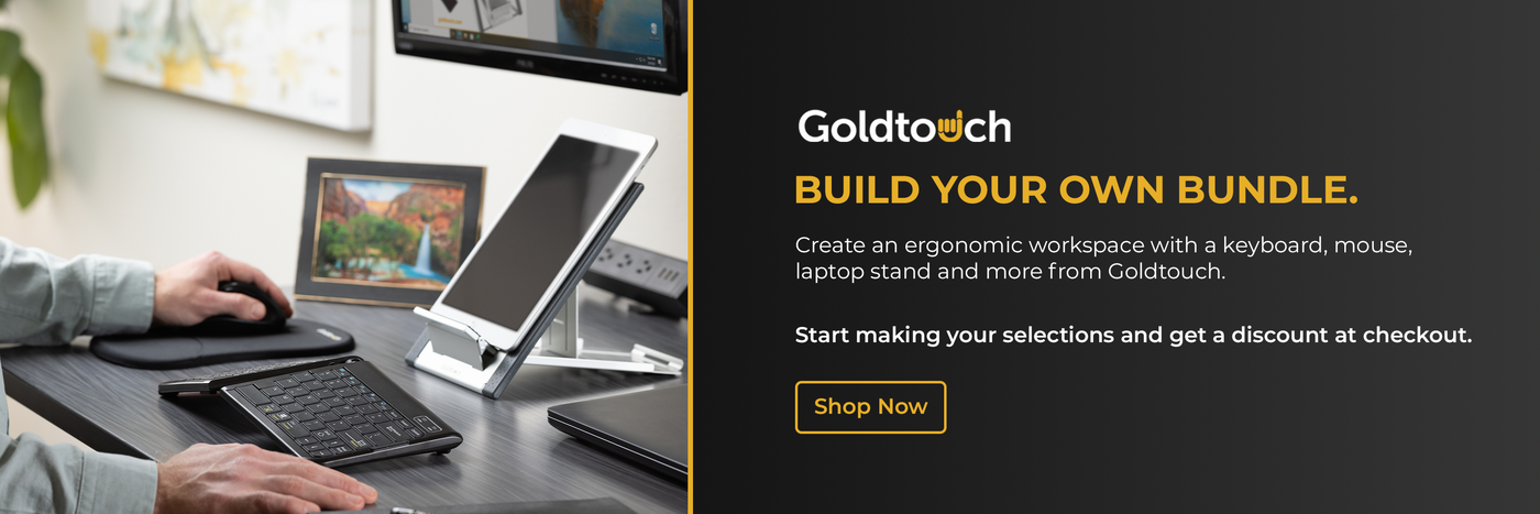Goldtouch advertisement with a man using a computer and text about building a workspace bundle.
