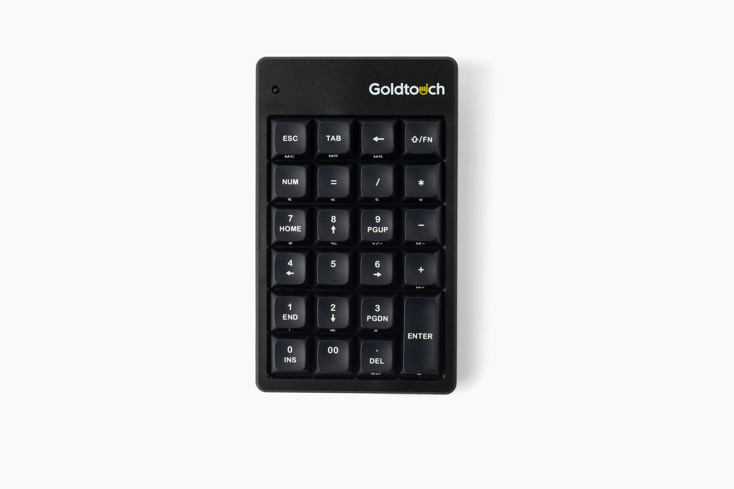 A black Goldtouch Elite Numeric Keypad with mechanical keys, designed for use with a keyboard and mouse.