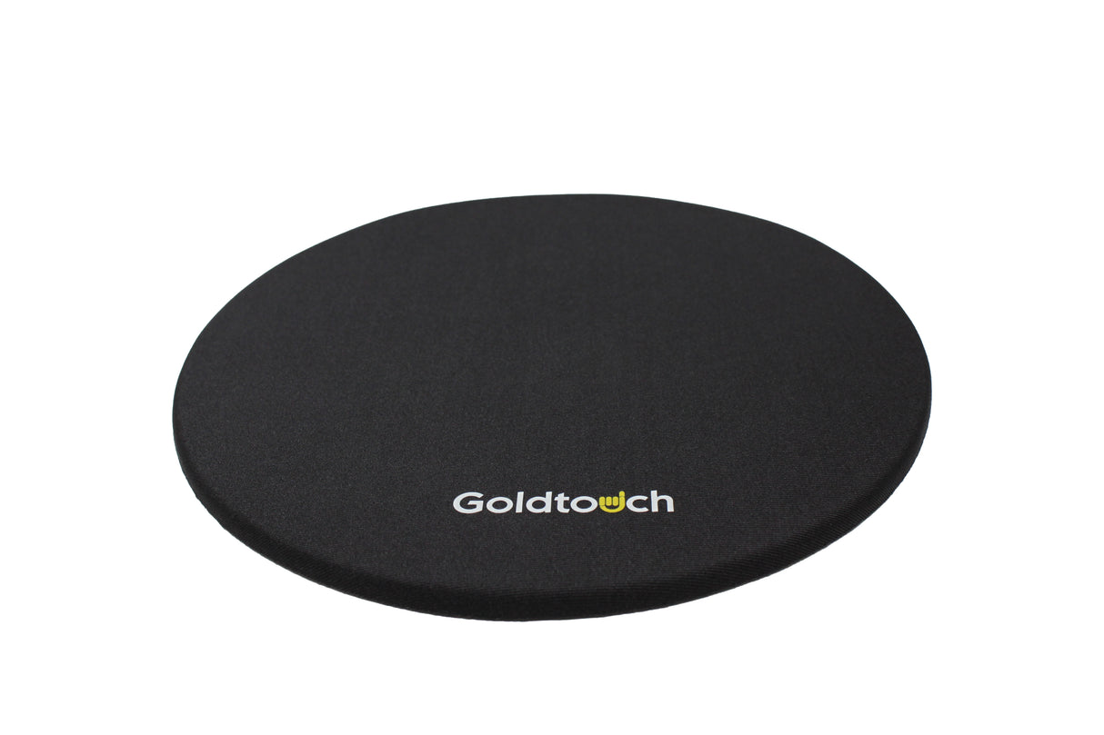 A black Round Mouse Pad with the Goldtouch logo on the bottom center.