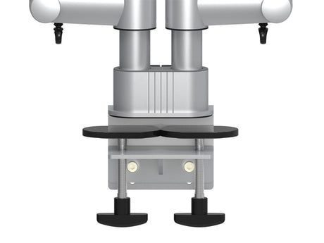 An image of a Dual Monitor Arm with a closeup of the clamp style base mount.