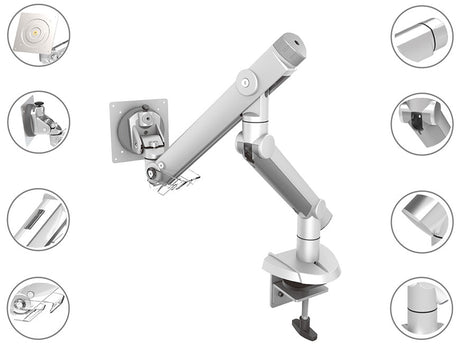An image of a Goldtouch Dynafly Monitor Arm with closeups of various parts of the device on a white background.