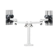 Dual monitor arm system with a white metal post and adjustable arms, designed to hold two computer monitors.