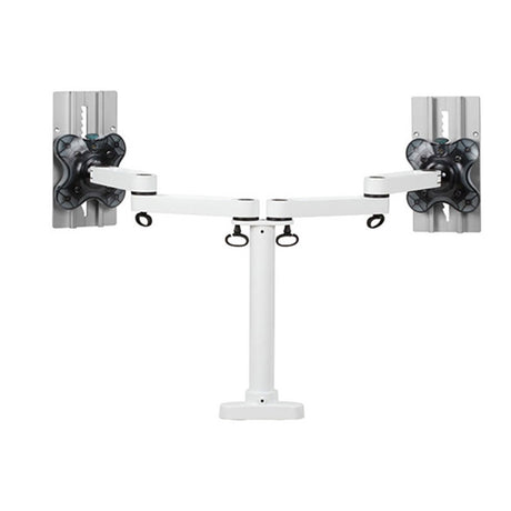 Dual monitor arm system with a white metal post and adjustable arms, designed to hold two computer monitors.