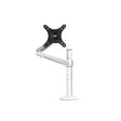 An adjustable silver single monitor arm with an adjustable height and a mounting base.