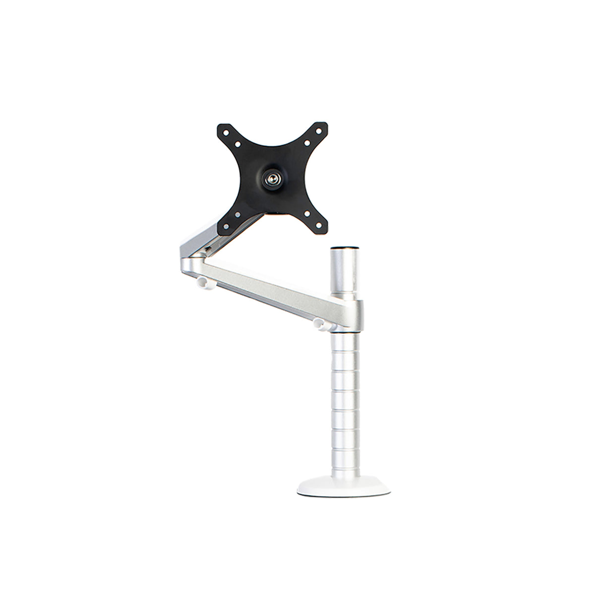 An adjustable silver single monitor arm with an adjustable height and a mounting base.