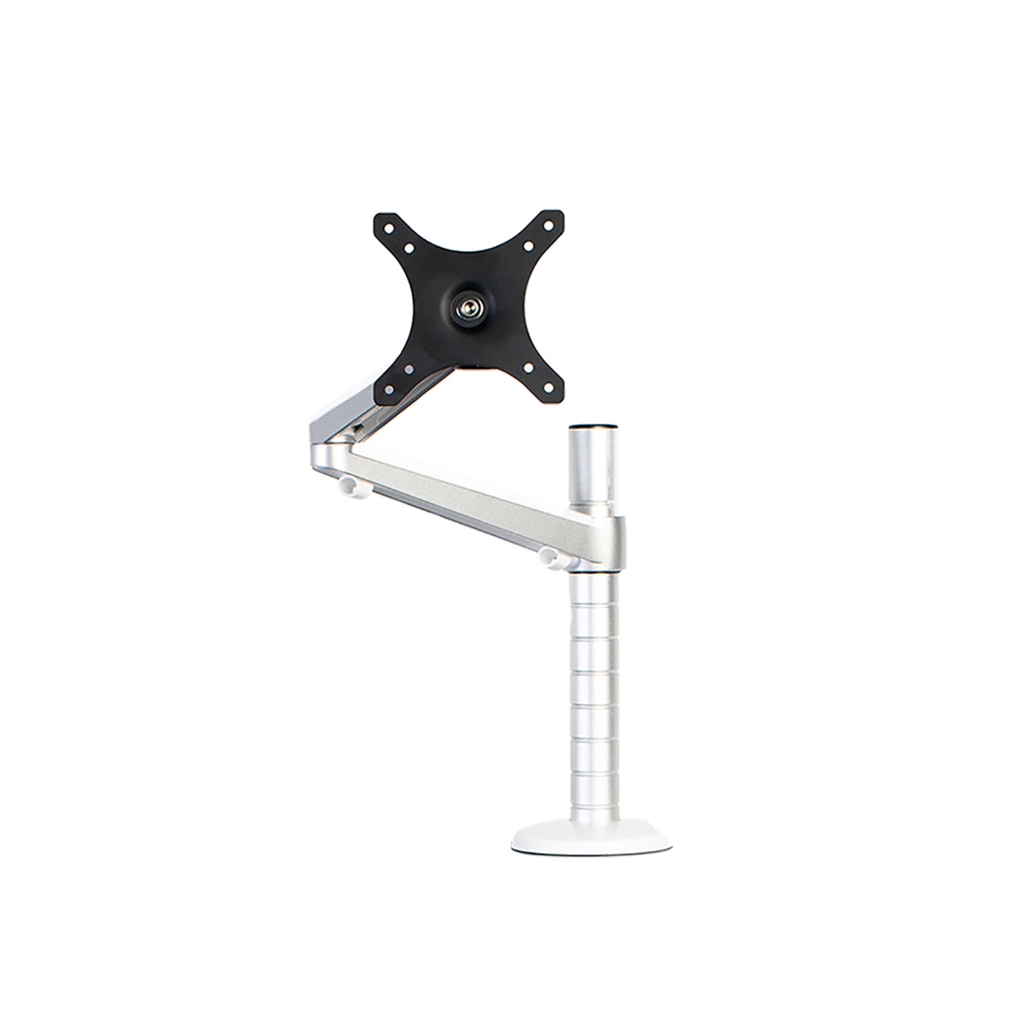 An adjustable silver single monitor arm with an adjustable height and a mounting base.