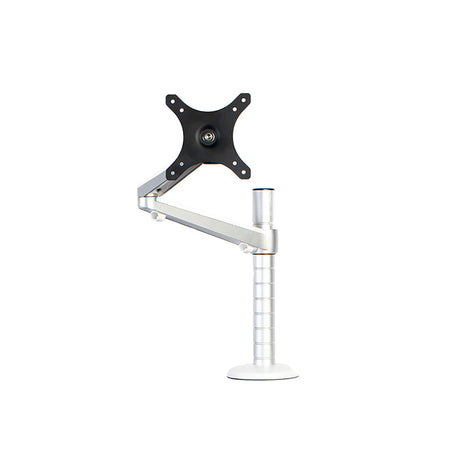 An adjustable silver single monitor arm with an adjustable height and a mounting base.