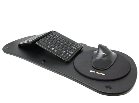 An image of an EasyLift Desk Keyboard tray with a Goldtouch Go!2 Mobile Keyboard Wireless and Newtral 3 Wireless Mouse on a Round Mouse Pad on top.