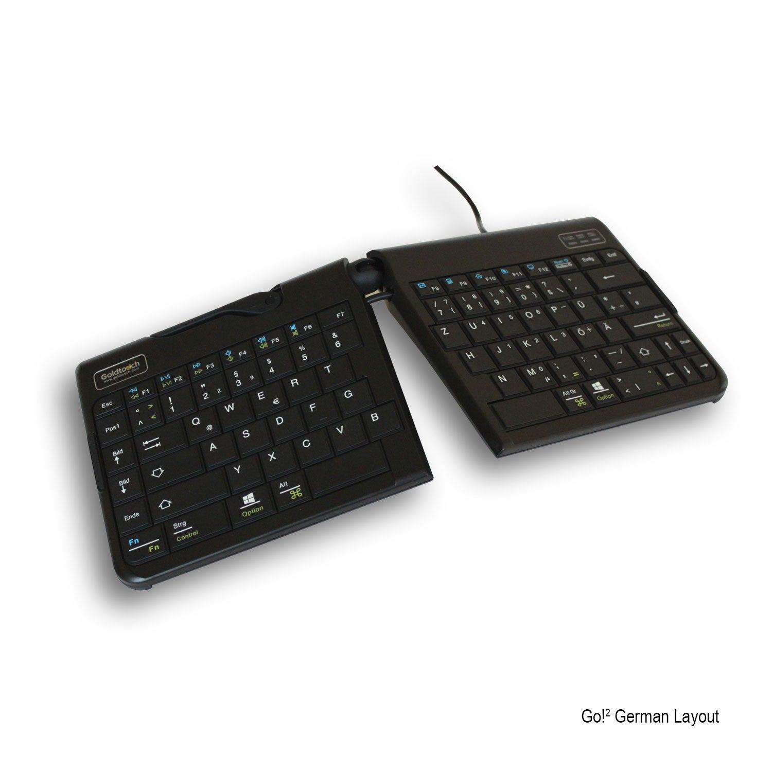 Goldtouch Go!2 Wired Ergonomic Keyboard in a German layout on a white background.