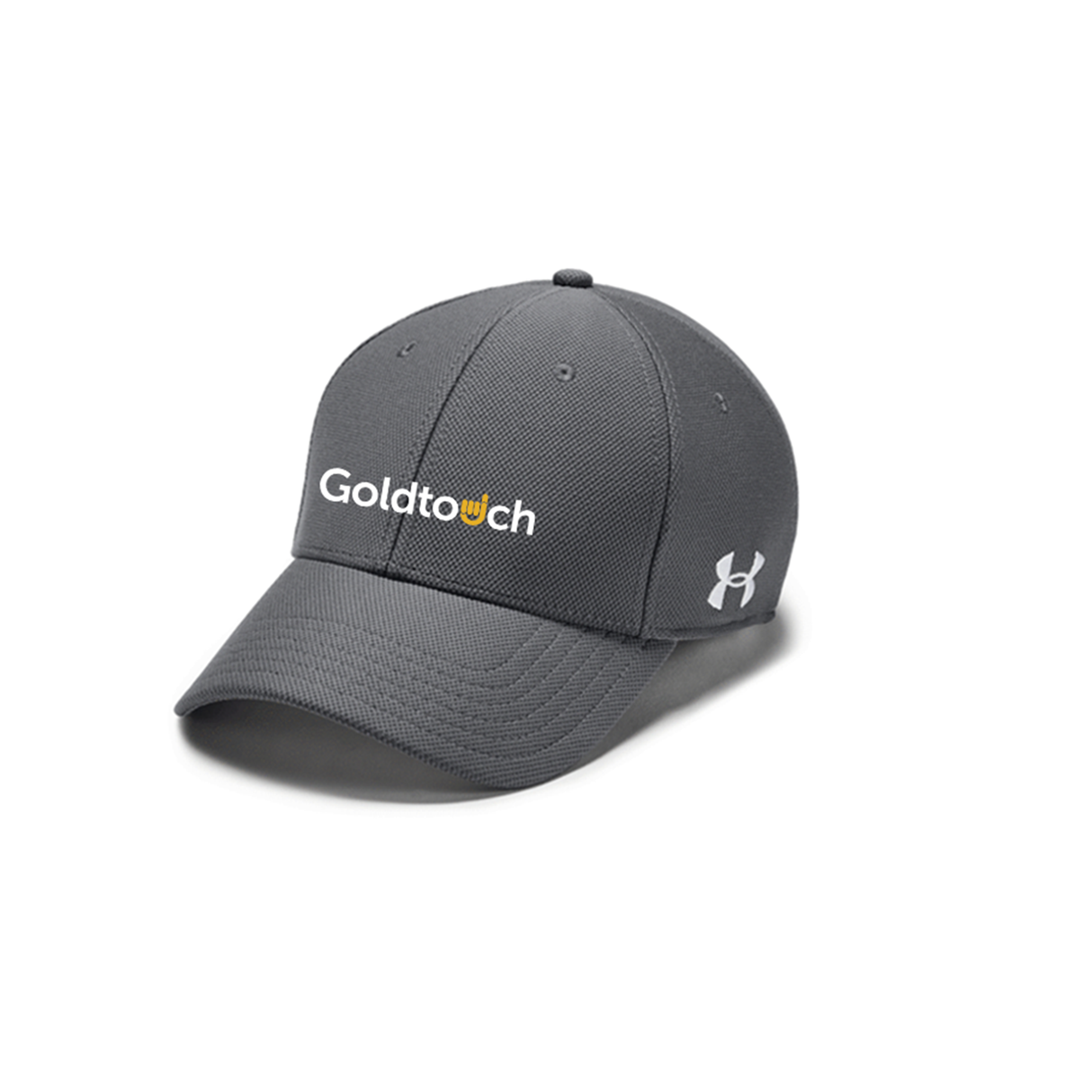 A gray polyester hat with a curved brim and a fitted back, featuring the Goldtouch logo on the front.