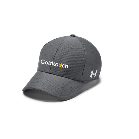 A gray polyester hat with a curved brim and a fitted back, featuring the Goldtouch logo on the front.
