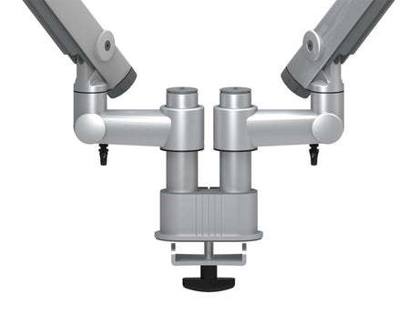 An image of a Dual Monitor Arm with a closeup on the grommet style base mount.