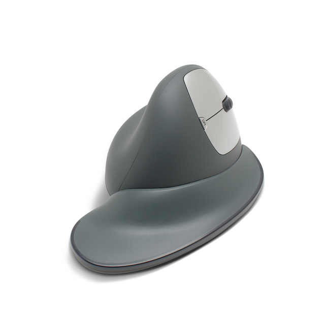 A Goldtouch Semi-Vertical Wireless Mouse for right-handed users with a gray color  scheme, featuring an ergonomic design with an attachment flange on the base.