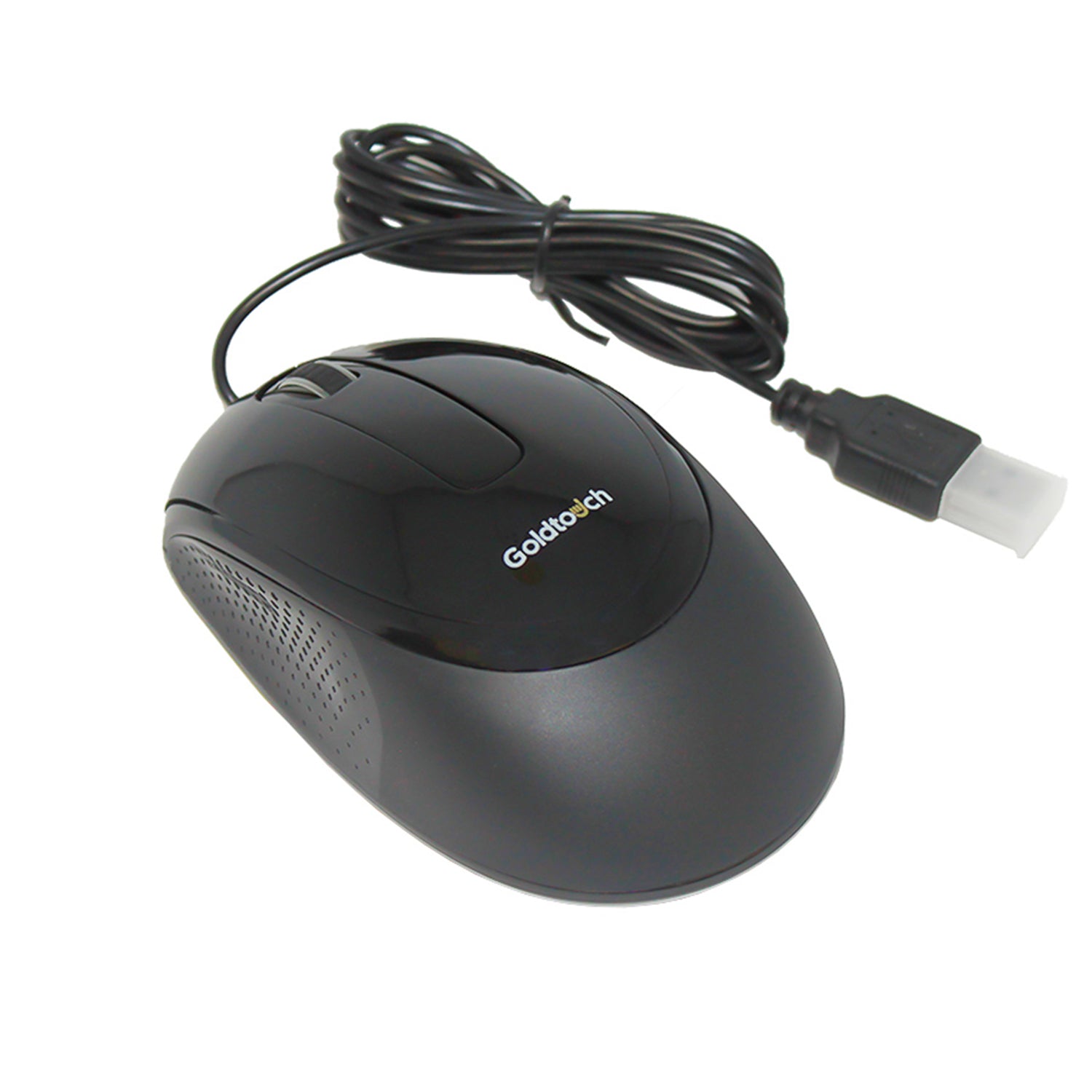 An image of a Goldtouch Ambidextrous Mouse Wired side angle view on a white background.