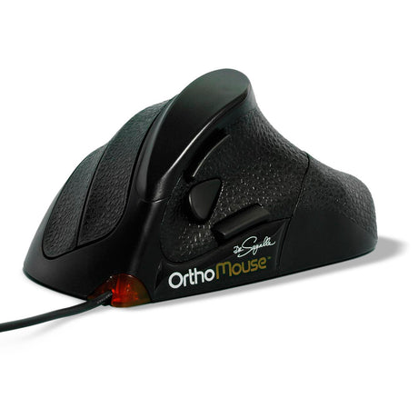 An ergonomic black OrthoMouse with a visible USB connector and branding on the side.