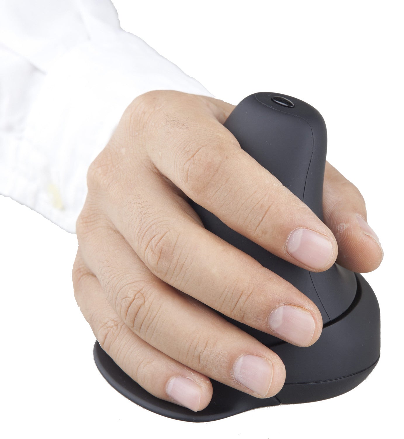 A Rockstick Mouse with a hand on it on a white background.