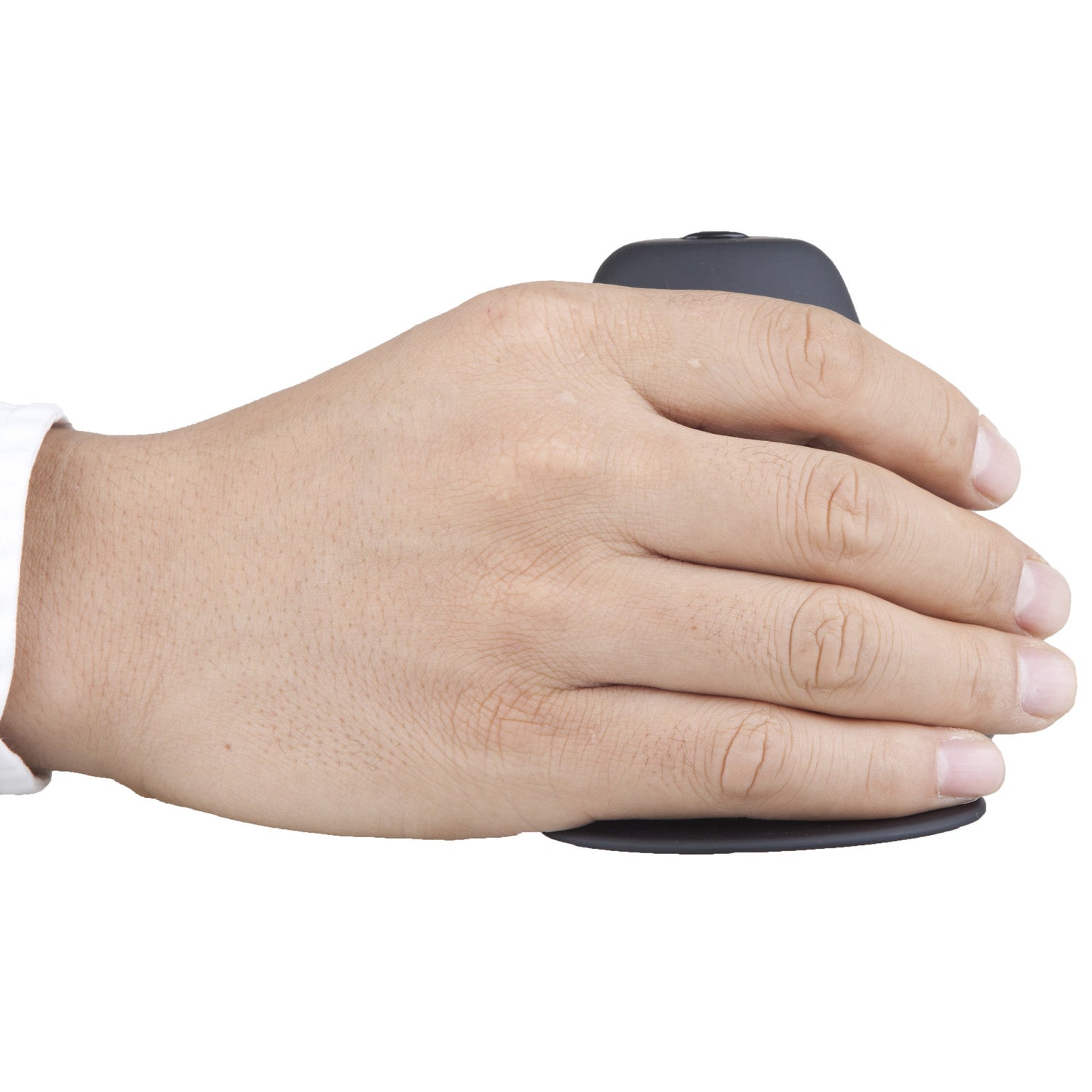 A Rockstick Mouse with a hand on it side view on a white background.