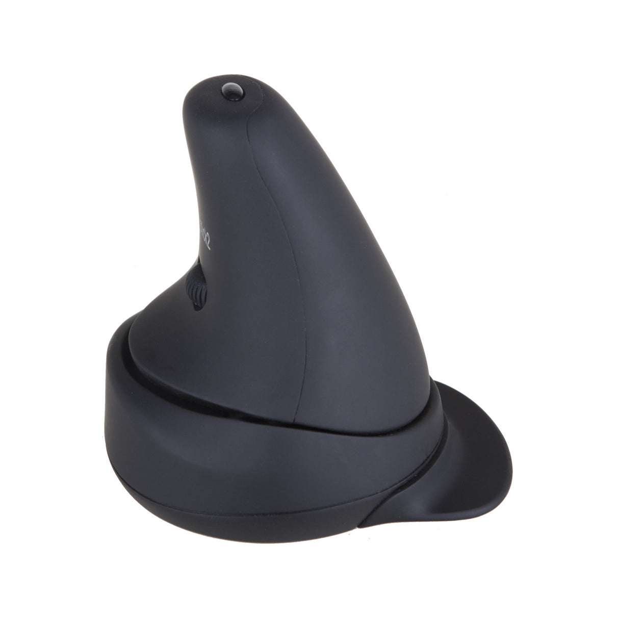 A black, wireless Rockstick 2 vertical mouse with a distinctive conical shape on a white background.