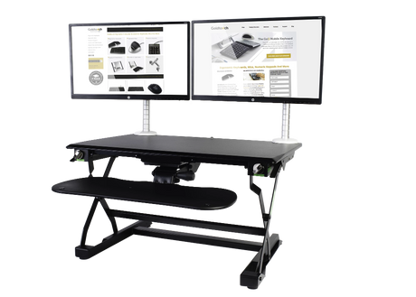 An image of a Goldtouch EasyLift Desk with keyboard tray extended and two Single EasyLift Monitor Arms with monitors and screens on them.