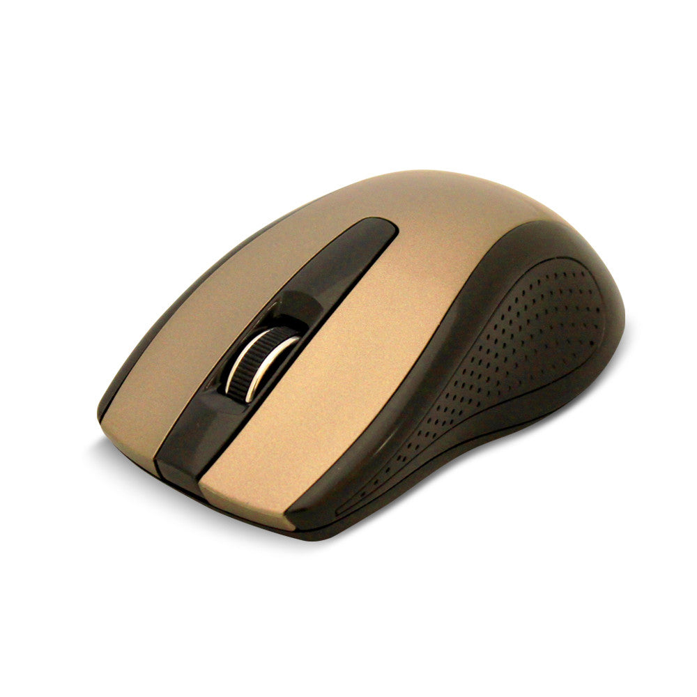 Goldtouch wireless ambidextrous mouse in a gold color with a classic design, showing the top view on a white background.