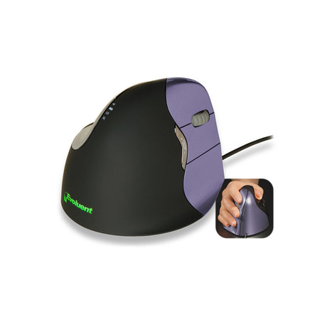An Evoluent Small Vertical Mouse with a black and purple color scheme, showing the mouse from the side and the top, with a visible USB port.