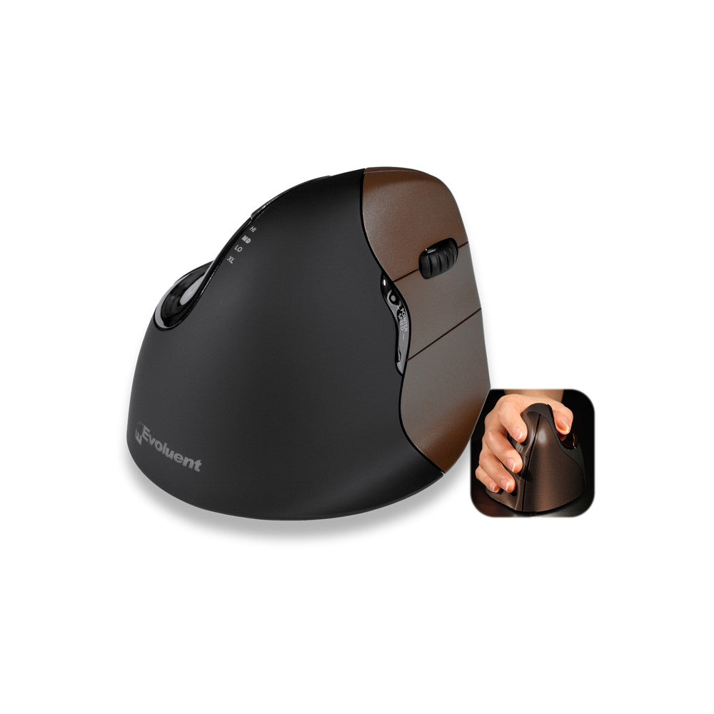 Evoluent Small Vertical Mouse 4 wireless, showing the main black mouse body with a brown click buttons on a white background.