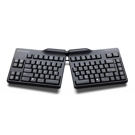 Goldtouch Elite Adjustable Ergonomic Keyboard in a splayed position on a white background. 