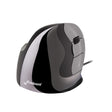 An Evoluent VerticalMouse D Small wired mouse with black and gray color scheme, featuring grooved buttons and an ergonomic design.