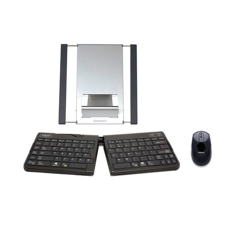 Keyboard, ambidextrous mouse, and laptop stand on a white background.