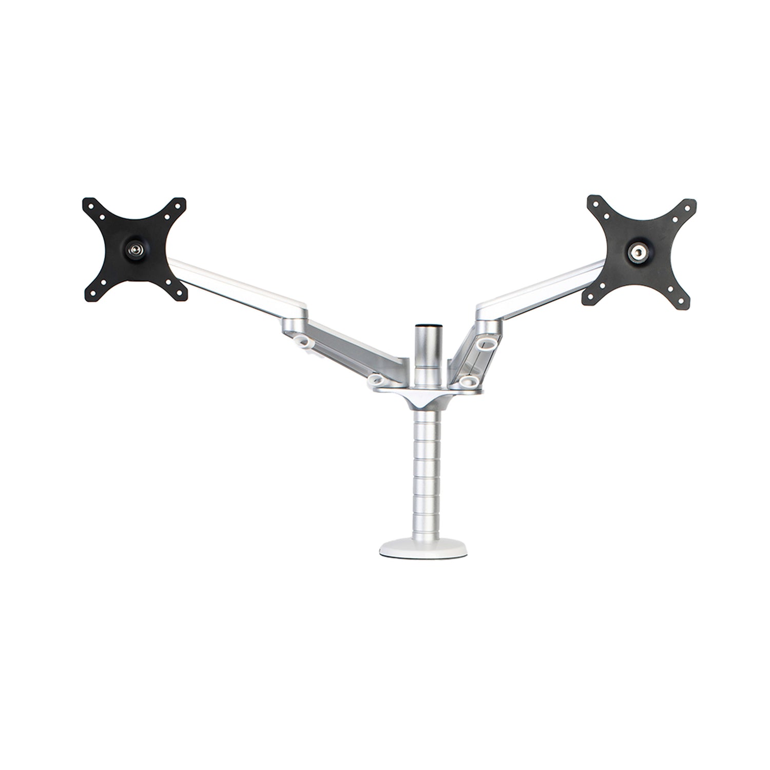 A dual monitor arm made of aluminum, featuring an adjustable design with two mounting brackets.
