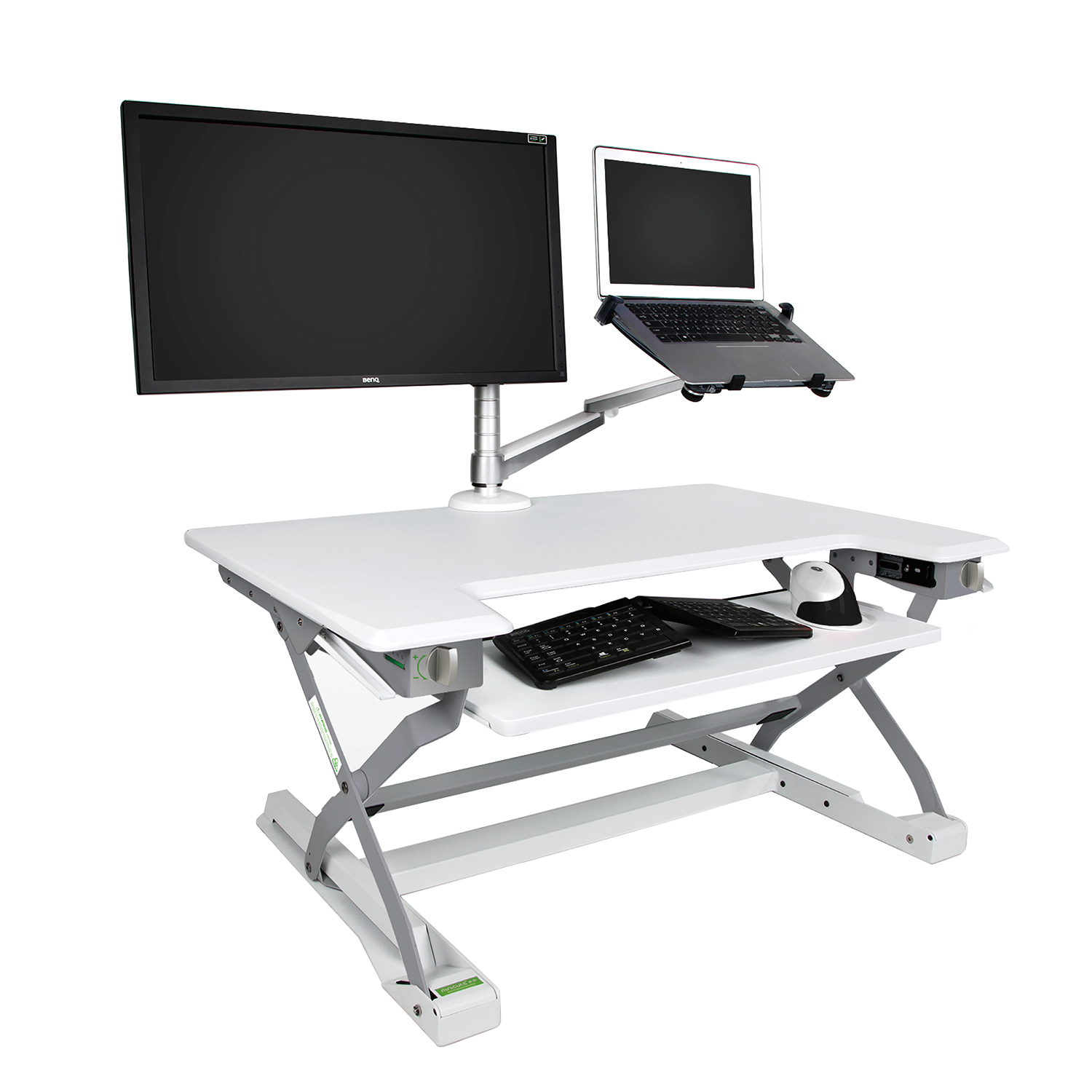 An image of a Goldtouch White EasyLift Desk Standard with a Keyboard and mouse on the keyboard tray and a dual monitor arm holding a monitor and laptop. 