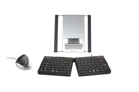 An image of a Goldtouch Go!2 Mobile Keyboard, Left-Handed Comfort Mouse, and Laptop Stand on a white background. 