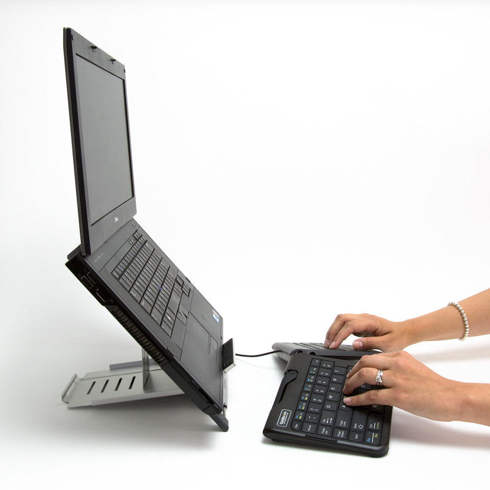 laptop stand, laptop and ergonomic keyboard